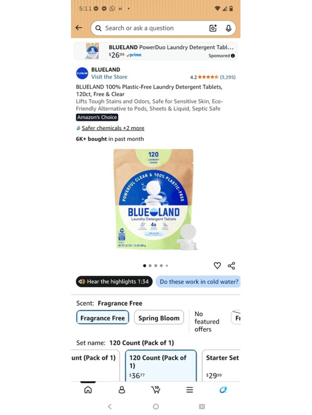 BLUELAND 100% Plastic-Free Laundry Detergent Tablets, 120ct, Free & Clean
